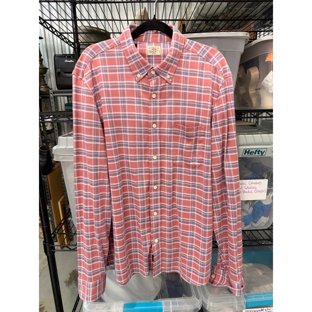 Faherty Brand Mens Pink Blue Plaid Flannel Button Down Shirt Long Sleeve L
